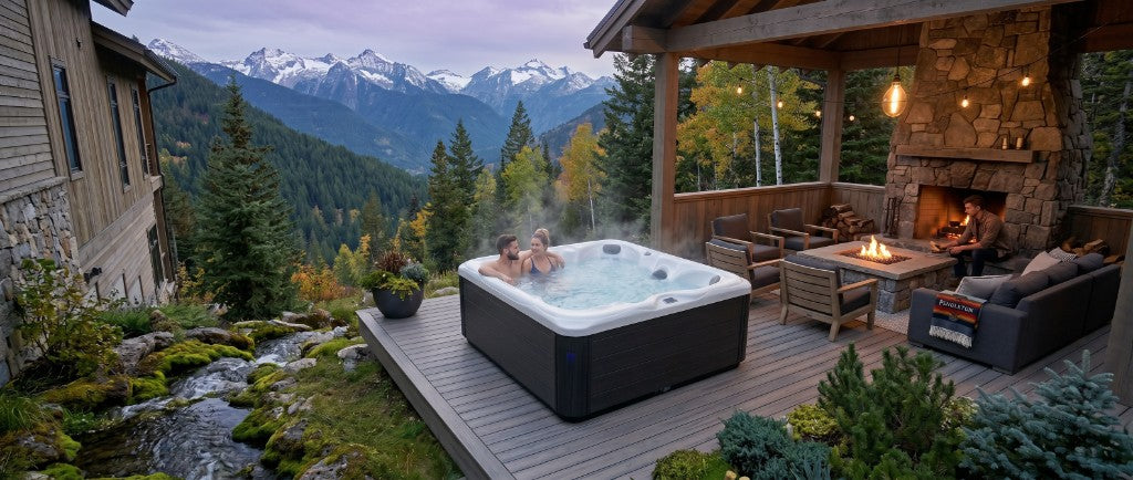 Couple relaxing in a premium hot tub on a mountain-view deck at dusk