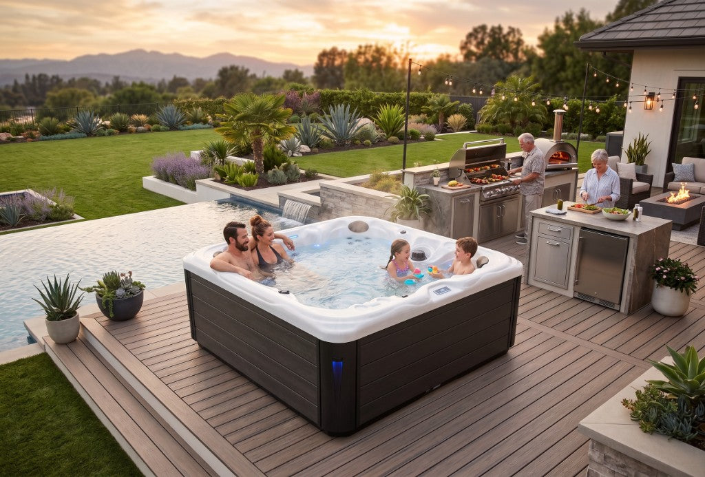 Family relaxing in a spa beside an outdoor kitchen and pool