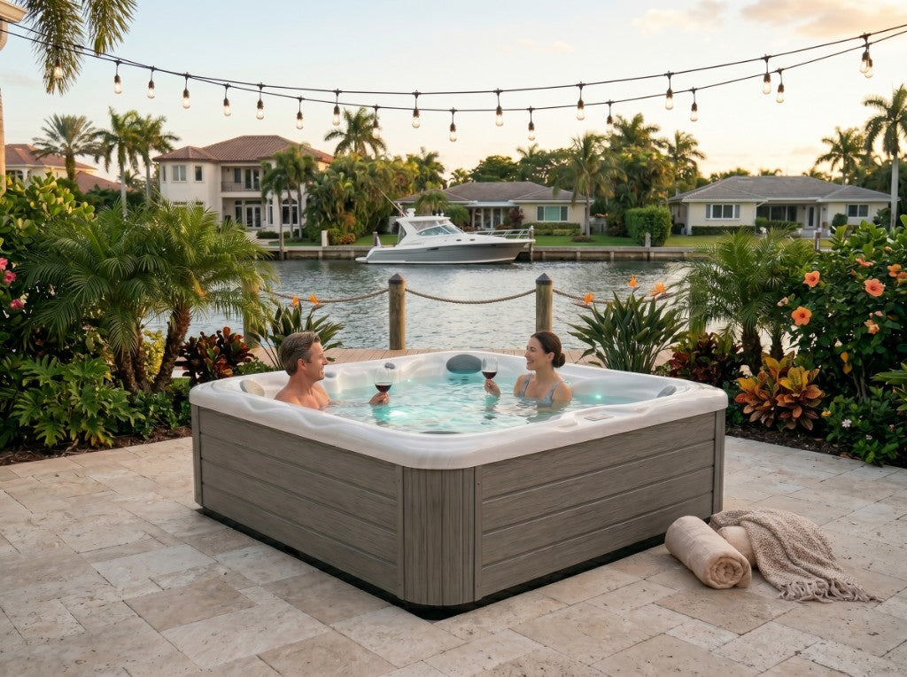 Couple relaxing in an Enduro Spa at sunset